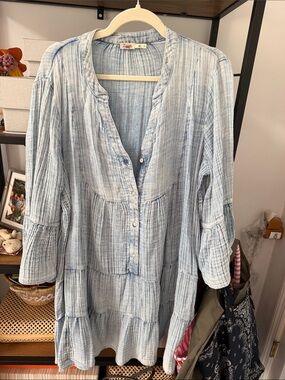 Faherty Pale Blue Striped Tiered Button Tunic